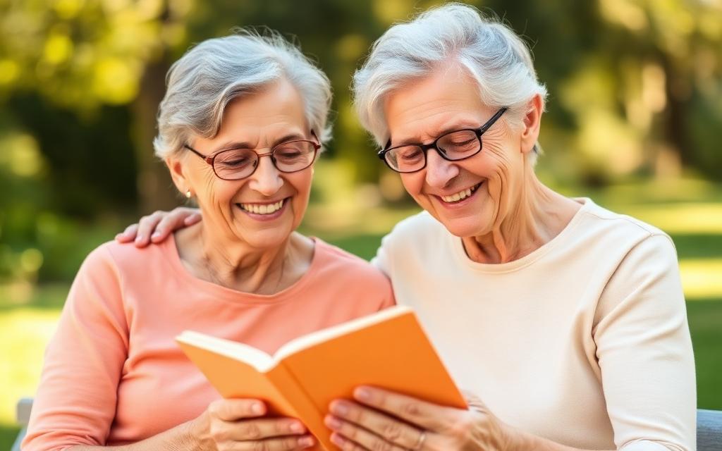 Happy senior couple reading without glasses
